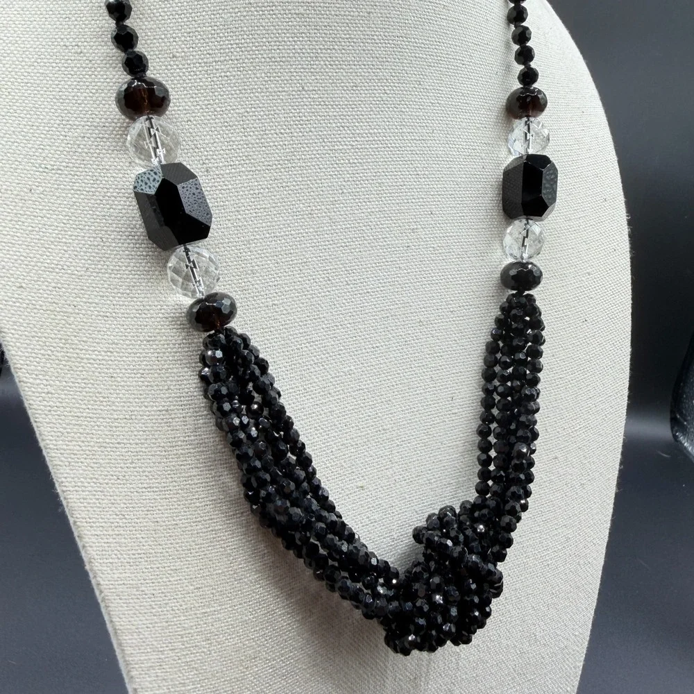 Black Faceted Bead Multi Strand Statement Necklace Knotted Gothic Cocktail Gift